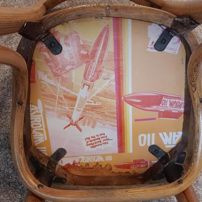 MID-CENTURY CHAIR, BURNT ORANGE LAMP, ROUND TABLE W/QUILTED PIECE