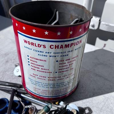Bucket Full of Odds and Ends tools in an OLD ANTIQUE HAND CLEANER CAN 