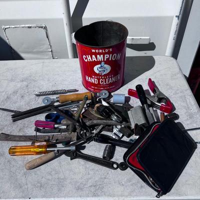 Bucket Full of Odds and Ends tools in an OLD ANTIQUE HAND CLEANER CAN 