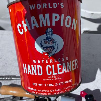 Bucket Full of Odds and Ends tools in an OLD ANTIQUE HAND CLEANER CAN 