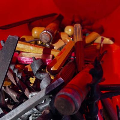 Bucket full of Chisels, Bits, Files with WOOD Handles