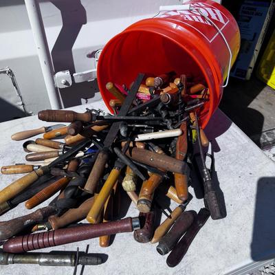 Bucket full of Chisels, Bits, Files with WOOD Handles