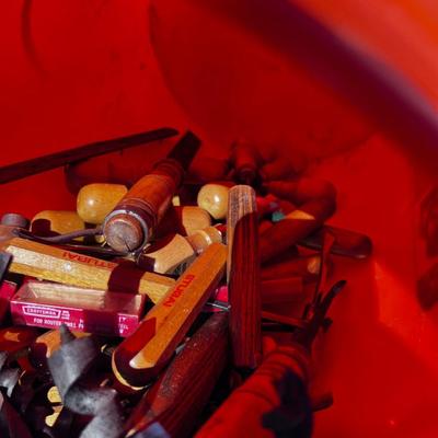 Bucket full of Chisels, Bits, Files with WOOD Handles