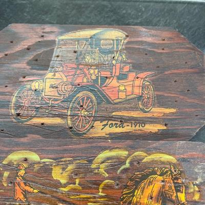 Hand painted wood art, plaques, Cadillac and Ford 1910
