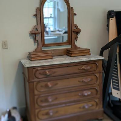 Antique Oak and Marble Dresser with Mirror