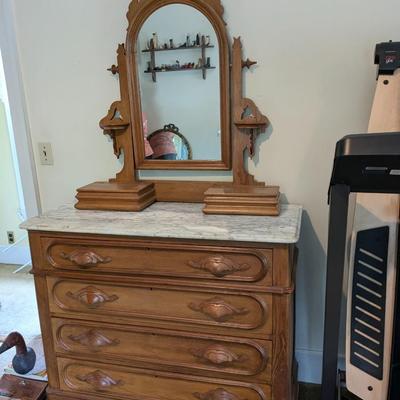 Antique Oak and Marble Dresser with Mirror