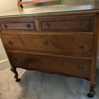 Antique Walnut Dresser with Mirror, Glass Top