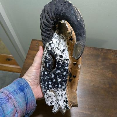 Antique Black and White Hand Carved Head with Genuine Horns Wall Decor