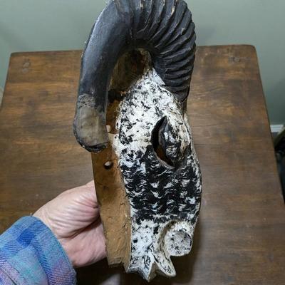 Antique Black and White Hand Carved Head with Genuine Horns Wall Decor