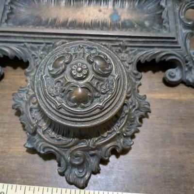 Antique Brass Letter Holder, Calendar, Ink Well & Quill Holder