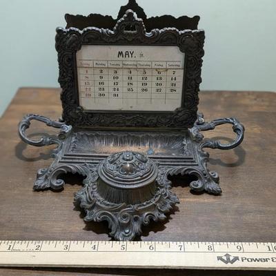 Antique Brass Letter Holder, Calendar, Ink Well & Quill Holder