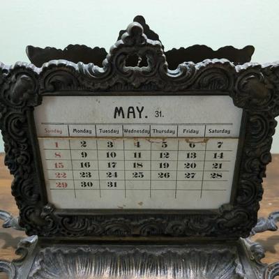 Antique Brass Letter Holder, Calendar, Ink Well & Quill Holder