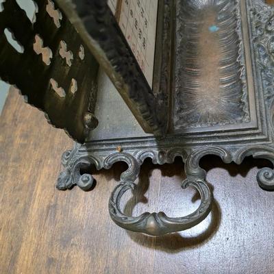 Antique Brass Letter Holder, Calendar, Ink Well & Quill Holder