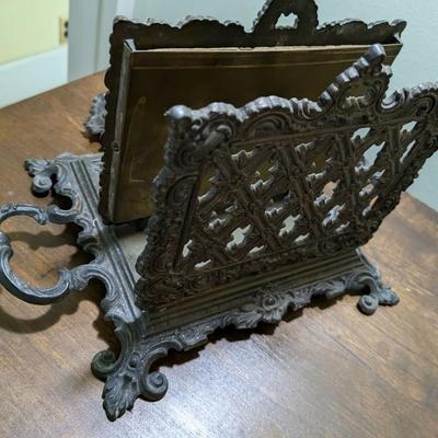 Antique Brass Letter Holder, Calendar, Ink Well & Quill Holder