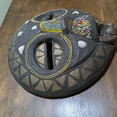 Vintage, from Ghana, Round Wood Tribal Mask Inlay Glass Beads, Copper