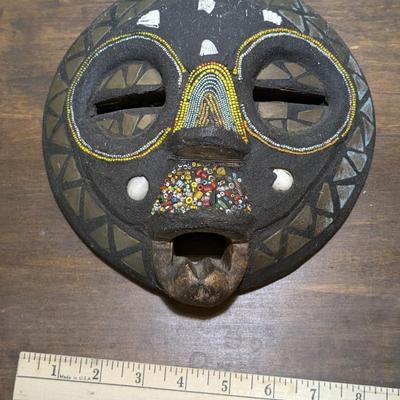 Vintage, from Ghana, Round Wood Tribal Mask Inlay Glass Beads, Copper