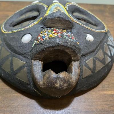 Vintage, from Ghana, Round Wood Tribal Mask Inlay Glass Beads, Copper