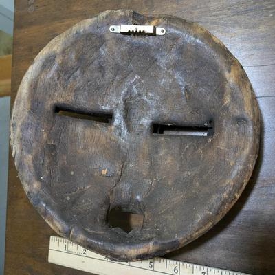 Vintage, from Ghana, Round Wood Tribal Mask Inlay Glass Beads, Copper