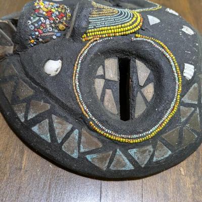 Vintage, from Ghana, Round Wood Tribal Mask Inlay Glass Beads, Copper