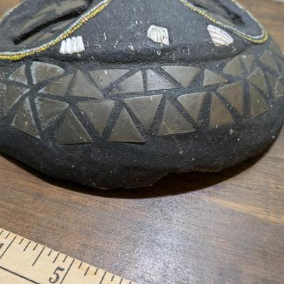 Vintage, from Ghana, Round Wood Tribal Mask Inlay Glass Beads, Copper