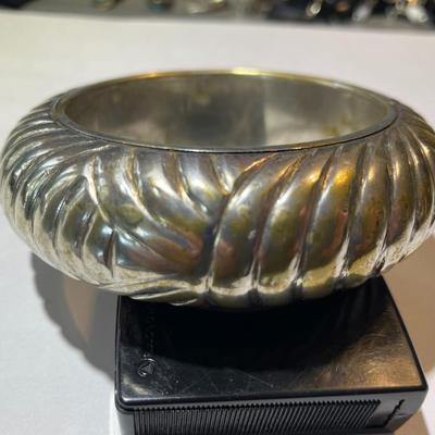 Heavily Worn Silver-tone over Brass Standard Size Bangle Bracelet 1" Wide...Some Silver Plating is Wearing Off as Pictured.