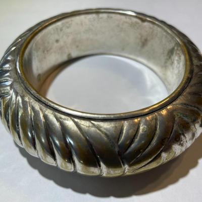 Heavily Worn Silver-tone over Brass Standard Size Bangle Bracelet 1" Wide...Some Silver Plating is Wearing Off as Pictured.