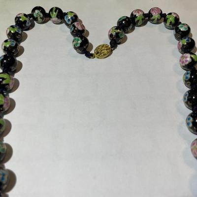 Vintage Asian Black Bead 24" Cloisonne Necklace Knotted with Mixed Color Flowers in VG Preowned Condition.