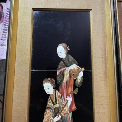 Vintage Pair of Japanese Mid-Century Geisha Girl Tile Artwork Framed Size 9.5"x 21.5" Each Preowned from an Estate.