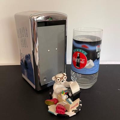 Coca-Cola napkin holder, matching Glass, and figurine
