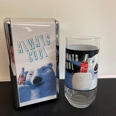 Coca-Cola napkin holder, matching Glass, and figurine