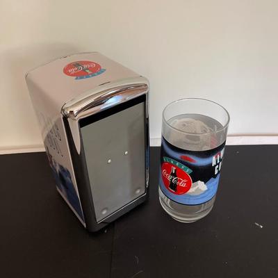 Coca-Cola napkin holder, matching Glass, and figurine