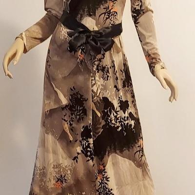 Vtg Toni Todd 60-70s Maxi forest printed dress w/Sash
