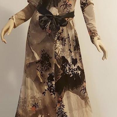 Vtg Toni Todd 60-70s Maxi forest printed dress w/Sash
