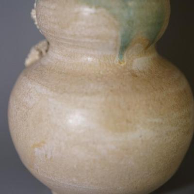 GOURD SHAPED VASE W/ BLOSSOM BRANCH APPLIED. GREEN AND WHITE MATT GLAZE- SIGNED FRIDAY FOR EDWARD FRIDAY OF MADISON, WI