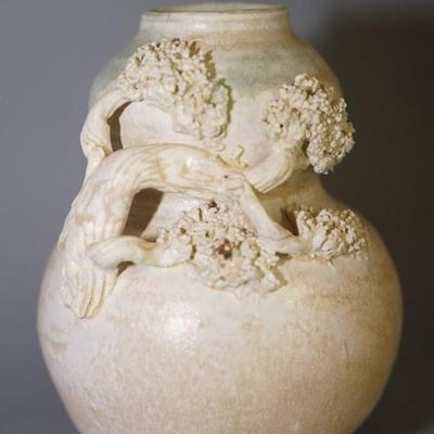 GOURD SHAPED VASE W/ BLOSSOM BRANCH APPLIED. GREEN AND WHITE MATT GLAZE- SIGNED FRIDAY FOR EDWARD FRIDAY OF MADISON, WI