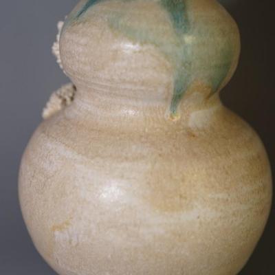 GOURD SHAPED VASE W/ BLOSSOM BRANCH APPLIED. GREEN AND WHITE MATT GLAZE- SIGNED FRIDAY FOR EDWARD FRIDAY OF MADISON, WI