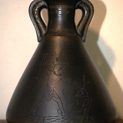 NORSE POTTERY HANDLED POT W/EYGPTIAN INCISED CARVED THEME 13 1/2"