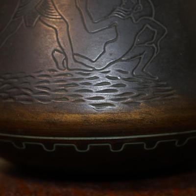 NORSE POTTERY HANDLED POT W/EYGPTIAN INCISED CARVED THEME 13 1/2"