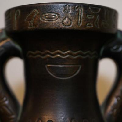 NORSE POTTERY HANDLED POT W/EYGPTIAN INCISED CARVED THEME 13 1/2"