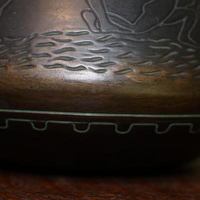 NORSE POTTERY HANDLED POT W/EYGPTIAN INCISED CARVED THEME 13 1/2"
