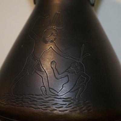 NORSE POTTERY HANDLED POT W/EYGPTIAN INCISED CARVED THEME 13 1/2"