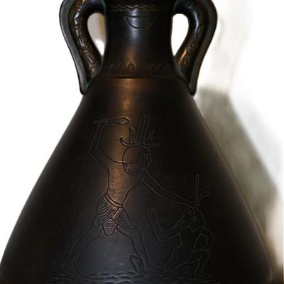 NORSE POTTERY HANDLED POT W/EYGPTIAN INCISED CARVED THEME 13 1/2"