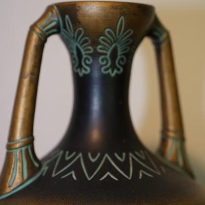 NORSE HANDLED VASE / INCISED DECORATION/ BRONZE UNDERTONES 14"