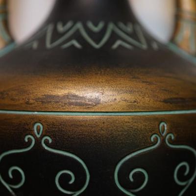 NORSE HANDLED VASE / INCISED DECORATION/ BRONZE UNDERTONES 14"