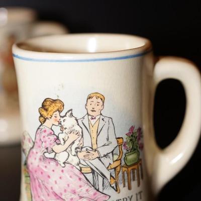 EARLY 1900'S ROSEVILLE CHILDREN CHARACTER MUG TRANSFER ON YELLOW GLAZED POTTERY MUGS