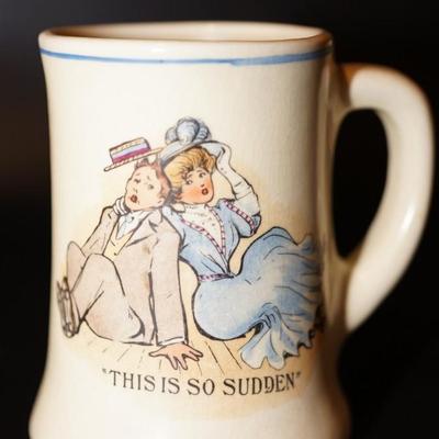 EARLY 1900'S ROSEVILLE CHILDREN CHARACTER MUG TRANSFER ON YELLOW GLAZED POTTERY MUGS