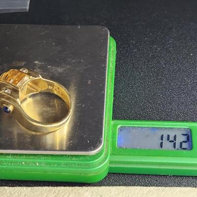 Vintage 18k Lagos Caviar Citrine Diamond Blue Sapphire Ring Size 8.75