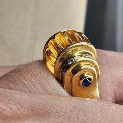 Vintage 18k Lagos Caviar Citrine Diamond Blue Sapphire Ring Size 8.75