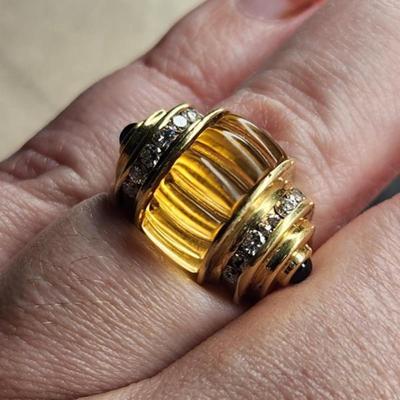 Vintage 18k Lagos Caviar Citrine Diamond Blue Sapphire Ring Size 8.75