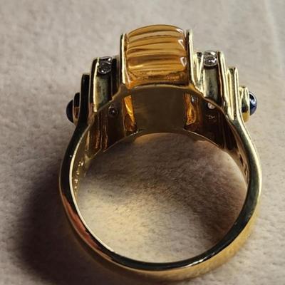 Vintage 18k Lagos Caviar Citrine Diamond Blue Sapphire Ring Size 8.75